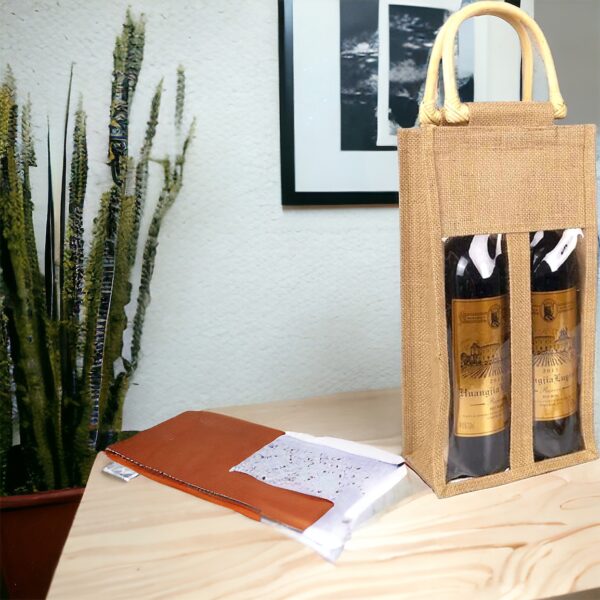 Personalised Jute Wine Bottle Bag Two Bottle Bag, Burlap Wine Bag With Cane Handle. - Image 2